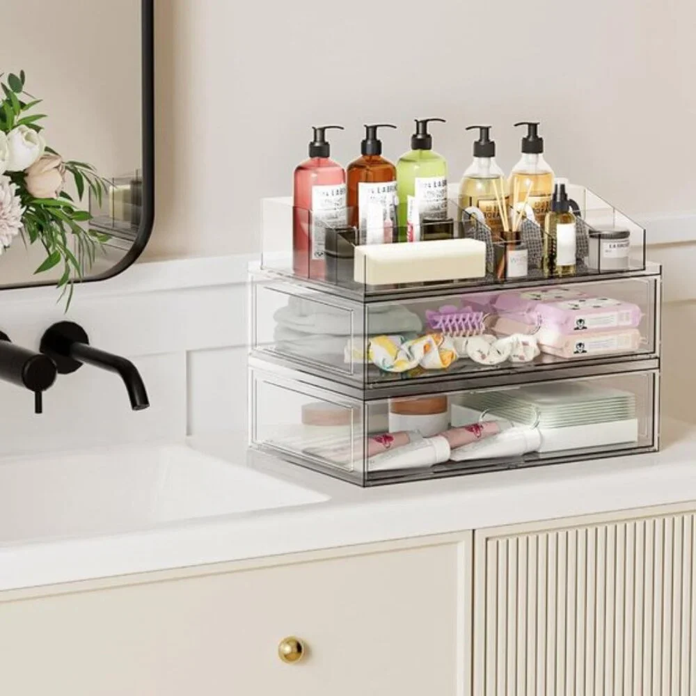 New Clear Stackable Makeup Organizer, 12InW Acrylic Drawer for Vanity & Skincare